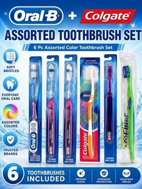 💙6 Pc Assorted Color Toothbrushes BONUS FREE TOOTHPASTE